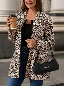 SHEIN Clasi 大码豹纹拼色开衫，带口袋，带口袋 - 卡其色 - 查看 4