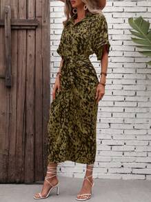 Breezaya Women's Summer Allover Print Bat-Sleeve Single-Breasted Split-Hem Long Shirt Dress