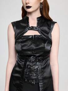 ROMWE Goth Top sin mangas de unicolor con escote espalda descubierta, de satén, ojetes y estilo gótico retro sexy, para mujer