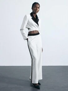 Maija Women's Turndown Collar Contrast Color Long Sleeve Top And Straight Leg Casual Pants Suit - Black and White - View 6