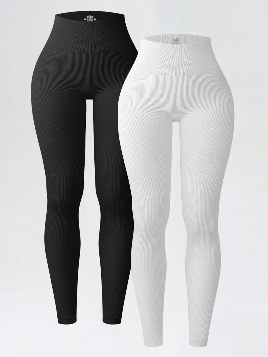 Yoga Sxy 2 Stück Damen einfarbige, hochgeschnittene, alltägliche, nahtlose, elastische Leggings für Fitness und Yoga