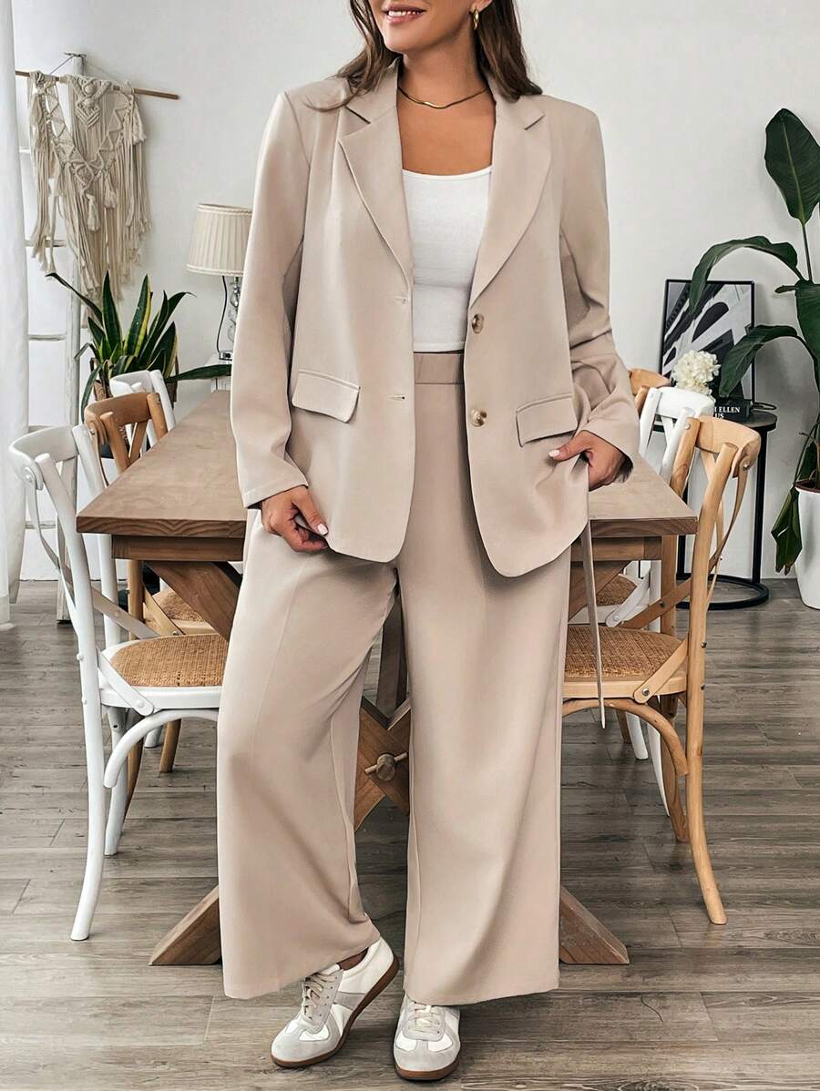 SHEIN Essnce 大码女装时尚居家休闲秋季女装通勤优雅商务办公装商务女装秋季两件套职业上衣机场女装女式西装外套女式服装套装女式秋季套装宽松女裤西装套装 - 杏色 - 查看 1