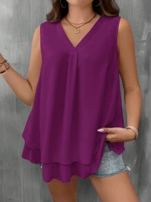 SHEIN LUNE Áo thun nữ cổ chữ V không tay màu trơn nhiều lớp thiết kế rộng rãi thoải mái màu tím mùa thu quần áo - Màu đỏ tím - Xem 3