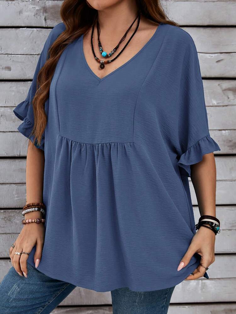 Plus Size Women's Vacation Casual Dark Blue Mom Shirts With Ruffled Sleeves For Summer