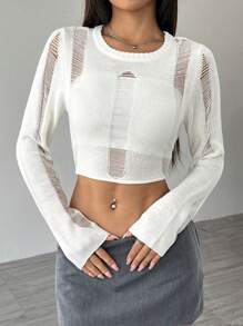 Flirla Sexy Distressed Sweater For Women, Knit Pullover Fall Winter - White - View 6