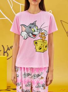 TOM & JERRY X SHEIN 1set Naisten Piirretty Lyhythihainen T-paita Ja Pitkät Housut yöasut Pyjama Setti - Vaaleanpunainen - Näytä 6