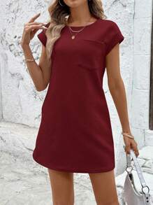 SHEIN LUNE 夏季圆领短袖口袋插入纹理面料休闲度假连衣裙 - 紅色 - 查看 6