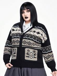 ROMWE Academia Plus Size Retro Black & Gray Jacquard Patterned Cardigan - Black - View 4