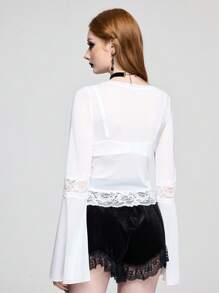 ROMWE Goth Sexy V-Neck Contrast Lace Bell Sleeve Blouse - White - View 5
