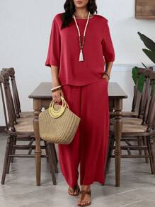 EMERY ROSE 2pcs/Set Women's Elegant Solid Color Crew Neck Mid-Sleeve Green Wide-Leg Pants Set - Burgundy - View 6