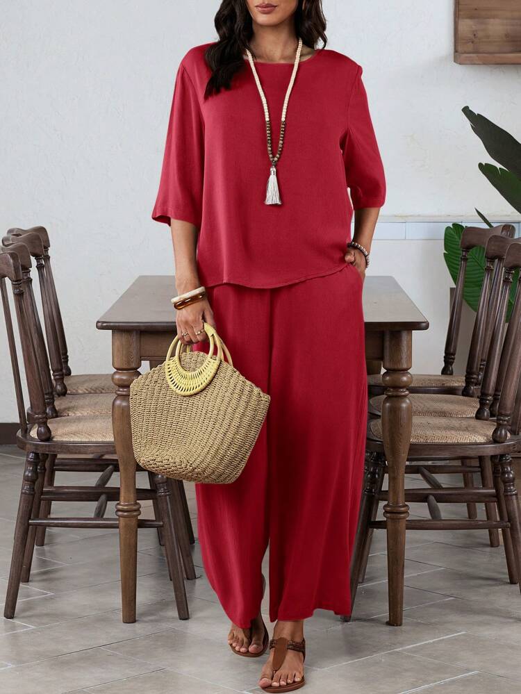 2 piezas/set de pantalones de pierna ancha de unicolor elegante con cuello de tripulación y manga media para mujeres