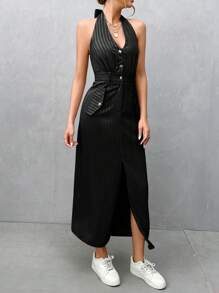 SHEIN Essnce Women's Summer Striped Button Half Placket Long Casual Halter Dress - Black - View 6
