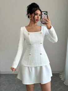 Elenzga Women's Square Collar Long Sleeve Ruffle Hem Tweed Dress - White - View 4