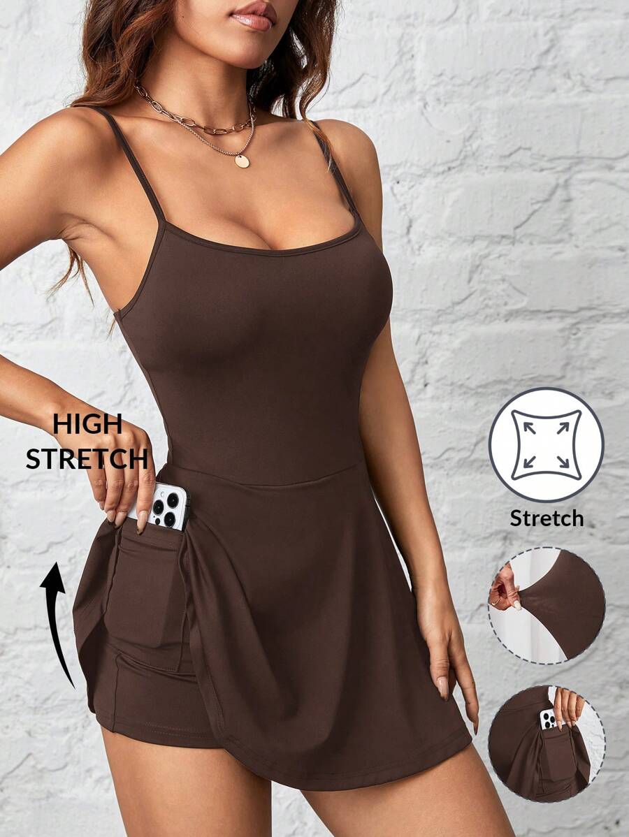SHEIN PETITE Dây đeo nữ có viền màu trơn có thể bỏ túi thể thao và giải trí Quần Culottes một mảnh chống lộ hàng ngày
