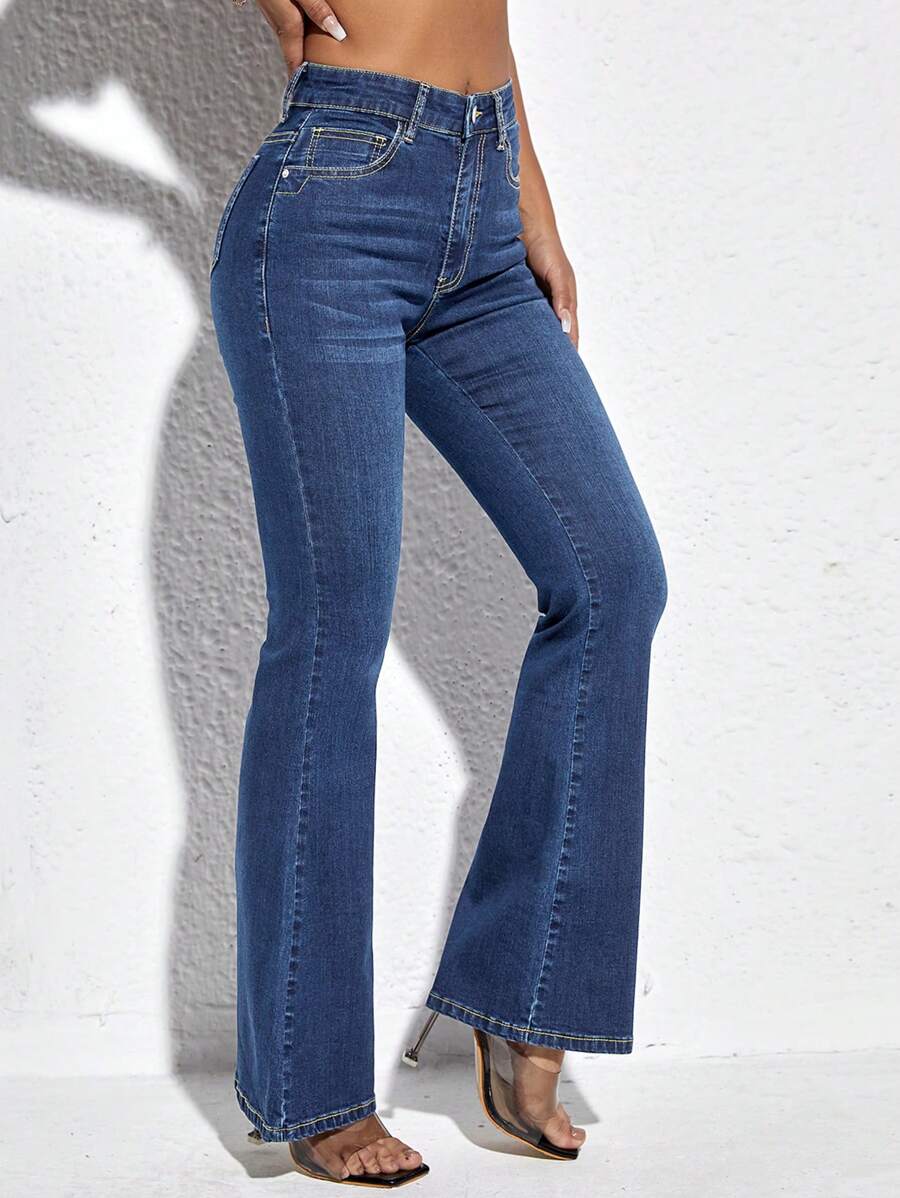 SHEIN PETITE Plain Color Denim Pants With Pockets And Button Closure - Medium Wash - View 1