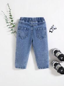 Pantalones vaqueros de otoño/primavera para bebés niños con diseño de orejas de oso y parches en las rodillas - Azul lavado medio - Ver 2