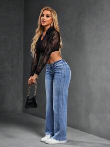 SHEIN SXY 女式口袋喇叭休闲百搭牛仔裤 - 中等水洗藍 - 查看 6