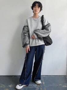 FRIFUL Women Mesh Panel Long Sleeve Thermal Lined Sweatshirt,Thermal Lined Fall,Winter - Grey - View 4