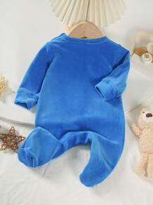 SHEIN 婴儿男孩蓝色简约可爱犀牛刺绣天鹅绒长袖连体衣睡衣 - 藍色 - 查看 2