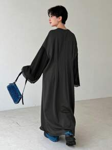 FRIFUL Women's Zipper Half Placket Drop Shoulder Lantern Sleeve Dress With Thermal Lined Fall,Winter - Grey - View 7