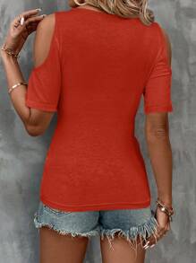 SHEIN LUNE Casual Solid Color Open Shoulder Short Sleeve T-Shirt