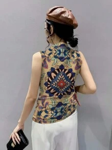 INAWLY Áo ba lỗ cổ đứng in họa tiết cổ điển thanh lịch dành cho nữ, mùa hè - Nhiều màu - Xem 2