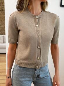 EURMUSE Gold Button Short Sleeve Elegant Cardigan - Beige - View 3