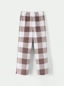 SHEIN 2 件青少年男孩宽松休闲简约长袖衬衫和格子法兰绒裤睡衣套装，秋冬季 - 卡其色 - 查看 5