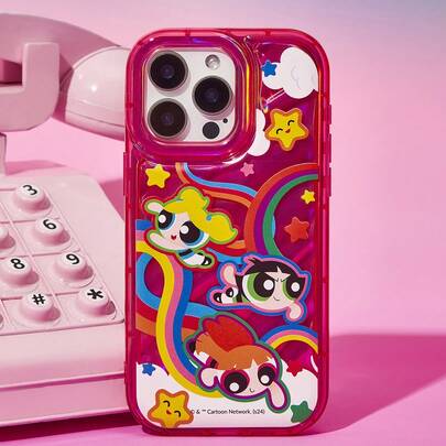 THE POWERPUFF GIRLS X SHEIN Ốp lưng điện thoại bảo vệ bằng laser hình hoạt hình dễ thương trong suốt màu đỏ, Ốp lưng Apple