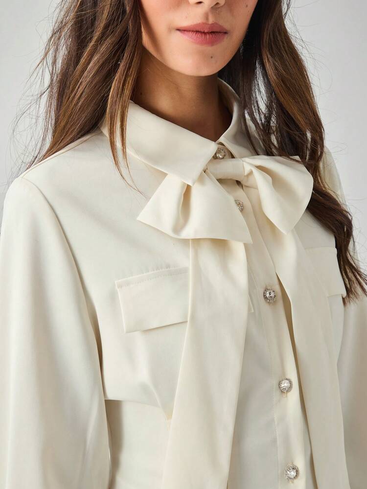 Vestido de manga larga con cintura estilizante, moño decorativo y abotonadura sencilla, para uso diario, trabajo, escuela, primavera, otoño e invierno, ropa de mujer para el otoño