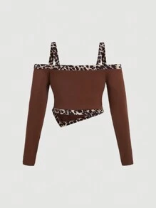 SHEIN MOD Plus Size Women's Vintage Contrast Leopard Cold Shoulder Long Sleeve Tee - Rust Brown - View 2