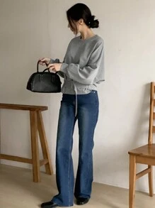 DAZY Áo nỉ ngắn tay cho nữ - Xám - Xem 6