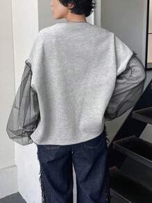 FRIFUL Women Mesh Panel Long Sleeve Thermal Lined Sweatshirt,Thermal Lined Fall,Winter - Grey - View 7