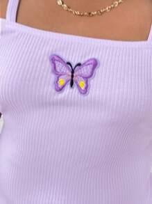 SHEIN Tween 女童加大码基本款休闲针织短袖淡紫色蝴蝶贴花连衣裙，春夏 - 紫色 - 查看 4