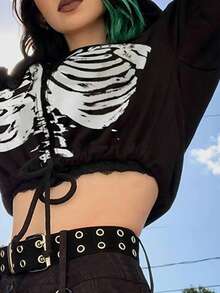 INAWLY Áo hoodie có dây rút in hình đầu lâu dành cho nữ - màu đen - Xem 7