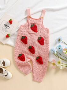 女宝宝草莓图案休闲连体裤针织毛衣秋冬季 - 淺粉色 - 查看 1