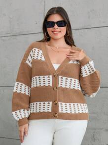 RueChic Cardigan de talla grande con bloques de color y botones para el otoño