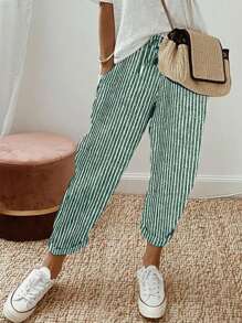 SHEIN LUNE Quần dài nữ sọc in đơn giản hàng ngày - màu xanh lá - Xem 1