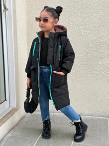 SHEIN Explorewe 1 chiếc áo khoác lông cừu dài ấm áp có mũ trùm đầu phong cách đường phố giản dị màu đen và xanh lá cây cho bé gái, mùa đông - màu đen - Xem 4