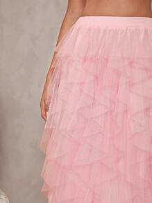 Hauture Ruffle Mesh High Waist Solid Skirt - Pink - View 5