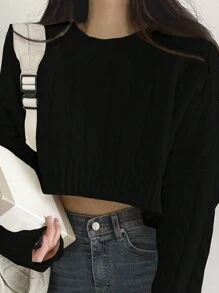 DAZY 女式圆领纯色黑色简约休闲舒适套头毛衣，长袖上衣秋季