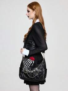 ROMWE Goth Bolsa de tela gótica vintage negra para mujer con estampado de rosa, calavera, huesos de mano y cadena con dije de calavera, bolsa de mano personalizada estilo punk para Halloween, bolso de hombro cruzado - Negro - Ver 6