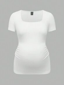 SHEIN 3 piezas/set de tops de verano ajustados de manga corta con cuello cuadrado en negro, blanco y gris para maternidad - Rojo - Ver 17