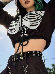 INAWLY Áo hoodie có dây rút in hình đầu lâu dành cho nữ - màu đen - Xem 1