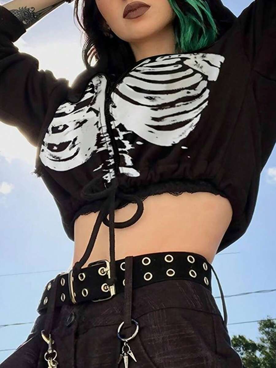 INAWLY Áo hoodie có dây rút in hình đầu lâu dành cho nữ - màu đen - Xem 1