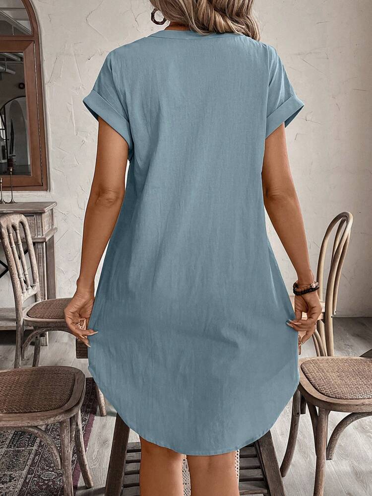 Women's Solid Color V-Neck Button Down Short Sleeve Dress,Summer Dresses For Women