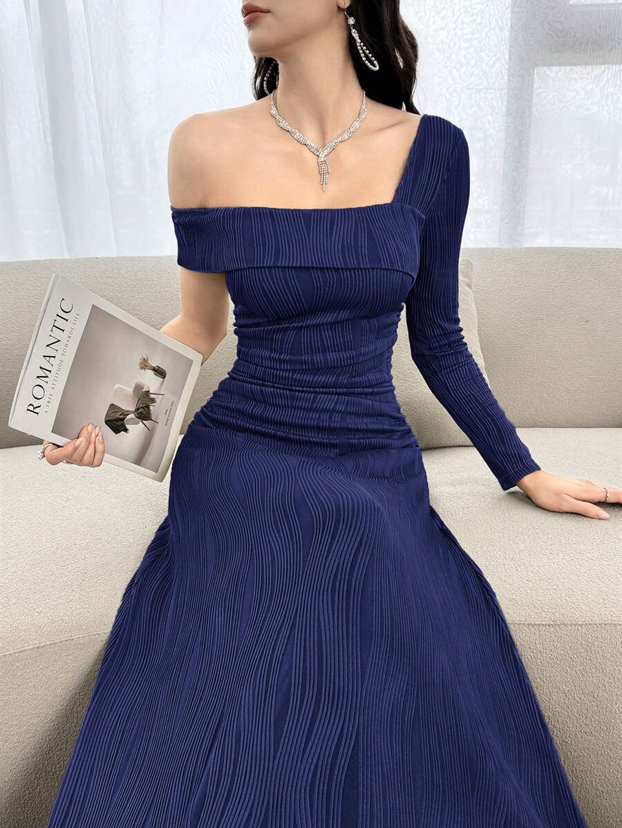 Modelyn 女士纯色不对称领长袖超长优雅连衣裙,春夏长款晚礼服 - 藏蓝色 - 查看 1