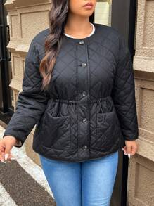 SHEIN Frenchy Áo khoác đệm tay dài cài nút phía trước cỡ lớn có thể điều chỉnh eo, có thể đảo ngược, cho mùa đông - màu đen - Xem 4