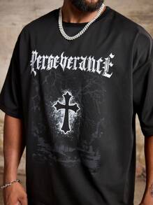 Manfinity Roughcore 2pcs Plus Size Men's Casual Letter & Cross Printed Drop Shoulder Graphic Tee And Shorts Set, Summer - Black - View 3