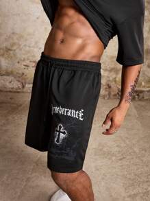 Manfinity Roughcore 2pcs Plus Size Men's Casual Letter & Cross Printed Drop Shoulder Graphic Tee And Shorts Set, Summer - Black - View 4